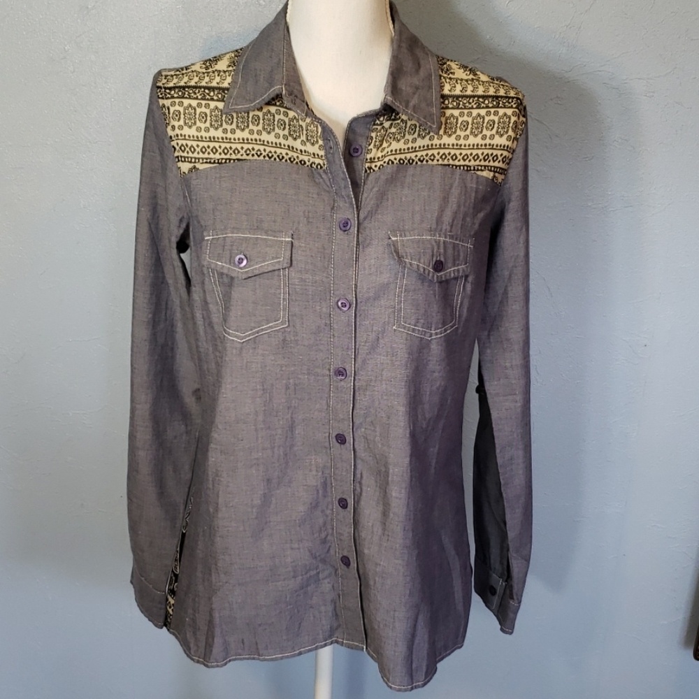 Truth NYC Button Up Collar Chambray and Sheer Top